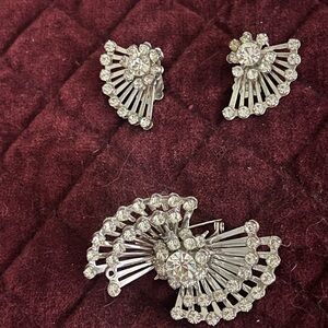 Coro Elegant Silver Crystal Fan Earrings and Matching Broach